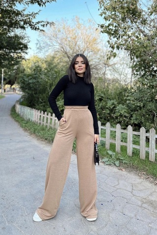 Kadın Camel Beli Lastikli, Cepli Örme Dokuma Kumaş, Bol Paça, Salaş Pantolon Camel