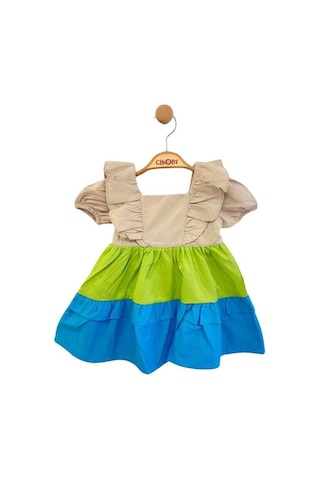 Çikoby Kız Bebek Fırfırlı Dokuma Elbise-13891 Çok Renkli