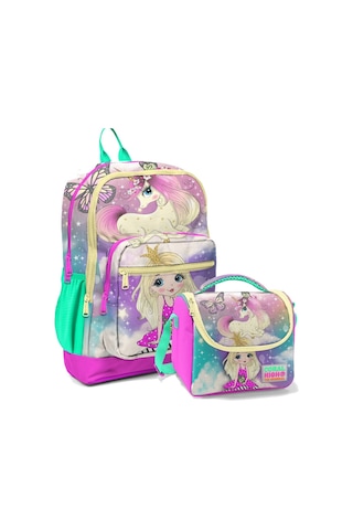 Coral High Pembe Su Yeşili Unicorn Okul Sırt Ve Beslenme Çantası Seti - Kız Çocuk - Dört Bölmeli Pembe Unicorn Prenses