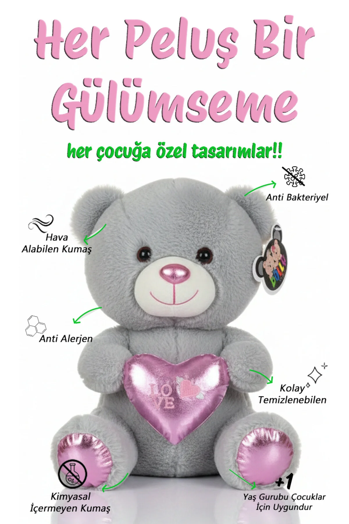 Ayıcık Sevimli Parlak Seri 35cm - Sevimli & Koleksiyon Açık Gri