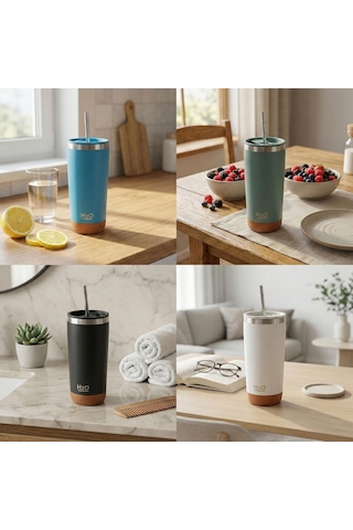 590 Ml Paslanmaz Çelik Pipetli Termos Kupa - 4 Renk Seçeneği Siyah, Yeşil, Gri, Mavi - Sıcak Ve Soğuk Tutan Mug - Araç Ve Ofis Bardağı Mavi Çok Renkli
