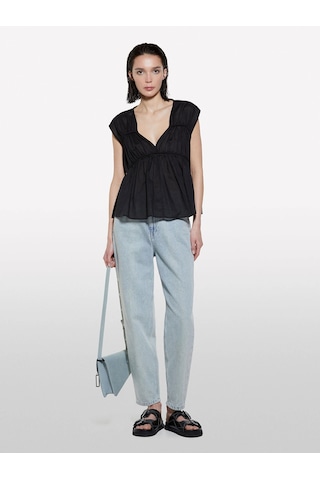 Sisley %100 Pamuk Büzgülü Kolsuz V Yaka Bluz Kadın Siyah Bluz - 325p5ho1lq08x