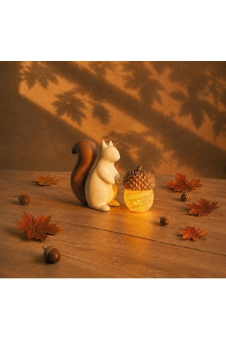 Sincap Ve Meşe Palamudu Biblo / Masaüstü, Raf Dekoru / Mini Sonbahar Kış Temalı Tealight Mumlu Set / 10x7 Cm Mum Dahil. Ten, Kahverengi