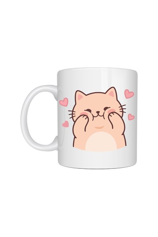 Sevimli Kedi Tasarımlı Porselen Kupa Model 193 Kalpli Cute Cat Baskılı Kahve Kupası Sevgiliye Hediye Seviml Düz Renkli