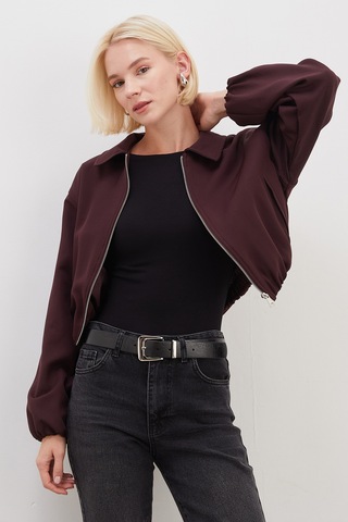 Fullamoda Fermuarlı Polo Yaka Bomber Ceket Mürdüm