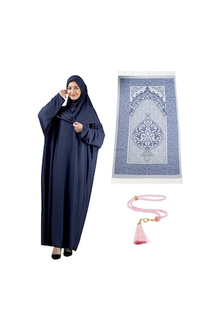 Modish Group Namaz Elbisesi Eşarp Seccade Tesbih Set, İslami Giyim Takım Ferace Turban Şal Lacivert