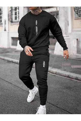 Erkek Dikey Baskılı Oversize Bisiklet Yaka Eşofman Takımı 001 Siyah