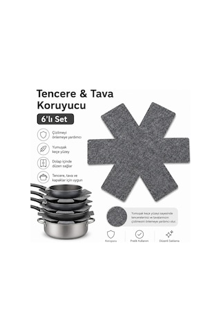 Tencere & Tava Koruyucu Keçe Ayırıcı 6 Lı Set Çizilmeyi Önlemeye Yardımcı Gri Tava Koruma Pedi