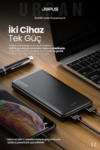 Jopus 10000mah Powerbank - Led Işık Göstergeli - Taşınabilir Şarj Cihazı Siyah