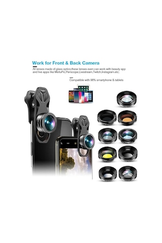Apexel 11'i 1 Arada Cep Telefonu iPhone Uyumlu & Android İçin Akıllı Telefon Lens Kiti Siyah