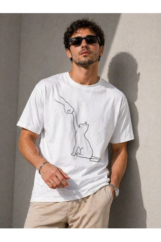 Vexor Erkek Minimal Kedi Çizim Baskılı Tişört Kısa Kol Yazlık T-shirt - Beyaz 444349