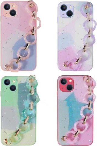 Apple Uyumlu iPhone 13 Uyumlu Simli Desenli El Askılı Tutacaklı Zore Elsa Silikon Kılıf-pembe Pembe -