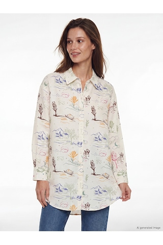 Lcw Modest Ekru Desenli Oversize Kadın Gömlek Tunik