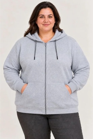 Butik İstanbul Battal Büyük Beden Üç İplik İçi Şardonlu Kapüşonlu Tam Fermuarlı Kışlık Sweatshirt - Gri