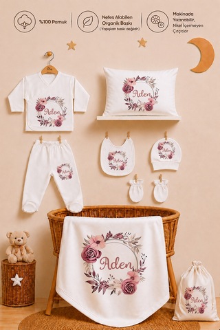 Pia Baby Kız Bebek Hastane Çıkışı 12 Parça %100 Pamuk İsme Özel Organik Baskılı Kese Hediyeli 100611k0x Ekru