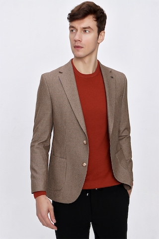 MORVEN Erkek Kahverengi Yünlü Pitikareli Dokuma Slim Fit Dar Kes Kahverengi