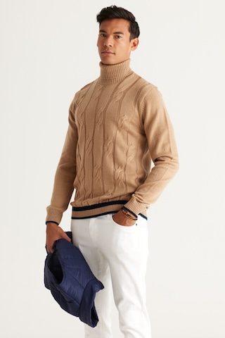 AC&Co / Altınyıldız Classics ERKEK KOYU BEJ Standart Fit Normal Kesim Tam Balıkçı Yaka Jakarlı Triko Koyu Bej