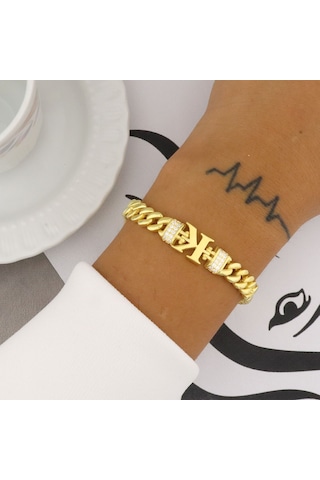 925 Ayar Gümüş K Harfi Gold Gurmet Bileklik