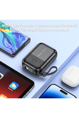 Hoco Q20 Fountain 10000mah 22.5w+pd20w Dijital Göstergeli Kablolu Powerbank Siyah Siyah