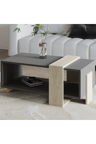 Meleni Orta Sehpa 90 Cm Modern Tasarım Raflı Traverten/antrasit