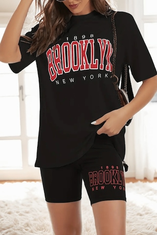 Modagen Kadın Siyah Brooklyn Baskılı T-shirt Tayt Takım Siyahh