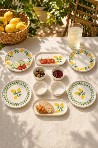 Yeşil Limon 10 Parça 4 Kişilik Handmade Stackable Seramik Tabak Seti Premium Sunum & Kahvaltı Takımı Beyaz