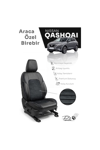 Siyah - Siyah Panda Nissan Qashqai 2021 - 2026 Arası Uyumlu Araca Özel Taytüyü Oto Koltuk Kılıfı