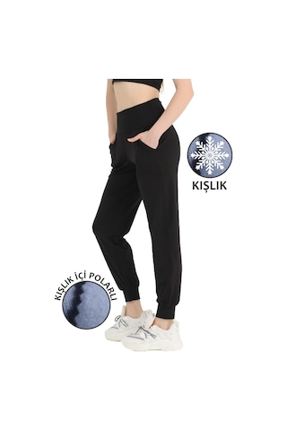 Kadın Siyah Yüksek Bel Jogger Eşofman Altı Polarlı Kışlık Cepli Joggers 1062 Siyah