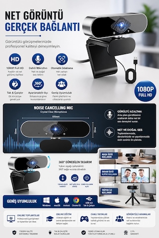 Webcam 1080p Hd Konferans Kamera Dahili Mikrofon Görüntülü Sohbet Yayın Kamerası Hd Video Ae-104 Aklby-bs
