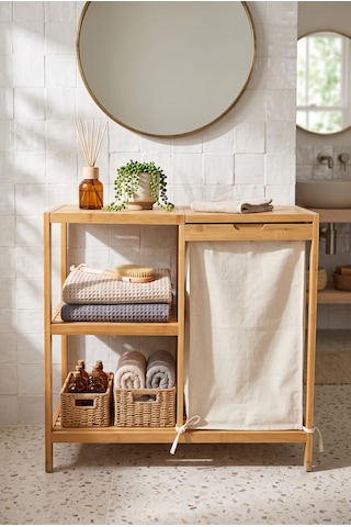 Bambu 3 Raflı Kirli Çamaşır Sepeti Kapaklı & Kumaş Torbalı Doğal Ahşap Banyo Düzenleyici Bej