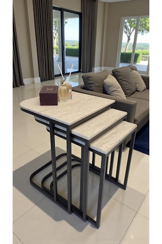 Viva Serisi 3'lü Zigon C Sehpa 1. Sınıf Membran Mdf, Dayanıklı Metal Ayak Traverten Desen - Siyah Ayak