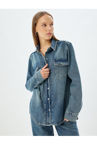 Koton Kot Gömlek Oversize Klasik Yaka Düğmeli Cep Detaylı Koyu İndigo 5wal60004md İndigo
