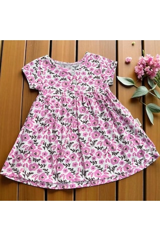 Düğmeli Çiçekli Elbise Pembe