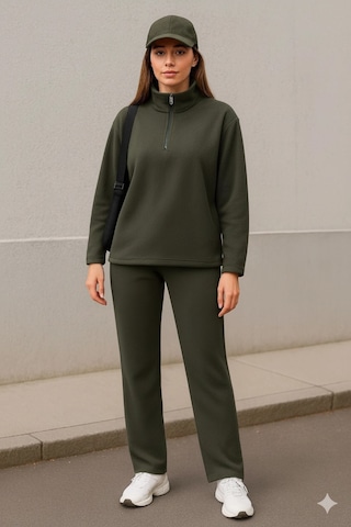 Defymoda Kadın Balıkçı Yaka Fermuar Detay Polar Sweat Ve Pantolon Ikili Takım Haki