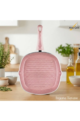 Arzu Çelik 28 Cm Granit Izgara Tavası - Pembe Pembe