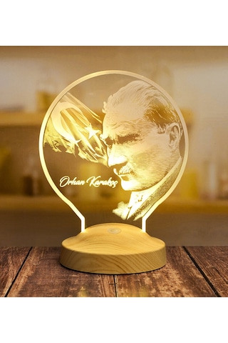 Kişiye Özel İsimli Mustafa Kemal Atatürk Görseli Led Lamba + Türk Bayrağı 