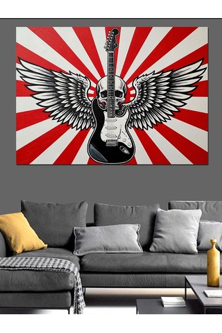 Kanatlı Kurukafa Ve Elektrogitar Görselli Retro Arka Fonlu Afiş Dekoratif Kanvas - Mdf Ahşap Tablo