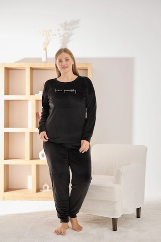 Pijamoni Kadın Yumuşak Kadife Bisiklet Yaka Koyu Siyah Pijama Takımı Koyu Siyah