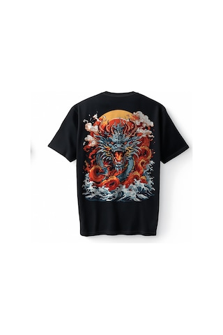 Bumeta Dragon Fire Flame Streetwear Oversize Unisex Tişört T-shirt Siyah