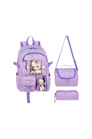 Waddell Kore Kawaii Tarzı Okul Sırt Çantası, Termal Beslenme Çantası Ve Kalemlik Lila 26700