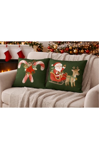 Çift Taraflı Dijital Baskı Fermuarlı Noel Baba Geyiği 2'li Yastık Kılıfı, Kırlent Kılıfı 43x43 Cm Çok Renkli