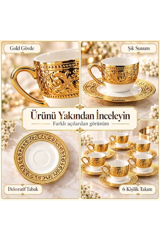Valkyrie Harem Serisi 6 Kişilik 12 Parça Kahve Fincan Takımı Gold Detaylı Şık Fincan Seti Beyaz Altın