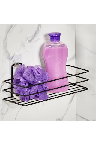 Tekli Güçlü Magic Yapışkan Askılı Dikdörtgen Banyo Rafı Mat Siyah Siyah