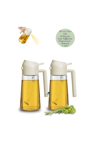 2 Adet Çift Fonksiyonlu Cam Yağdanlık 550ml Zeytinyağı Sıvıyağ Şişe Sprey Airfryer Yağlık Sirkelik - Krem