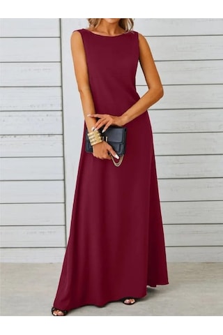 Ahes Shopping Kadın Kolsuz Kayık Yaka Maksi Janjan Krep Elbise Kırmızı