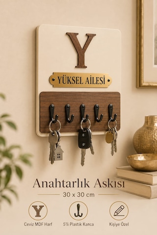 Kişiye Özel 2'li Set Besmele Kapı Süsü Ve Anahtarlık Askılığı Ahşap Pleksi Dış Kapı İsimliği Dekoratif Tabela -