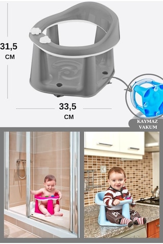 Flosoft Vakumlu Bebek Banyo & Mama Oturağı + Silicolife 2 Adet Silikon Mama Kaşığı Hediye Gri