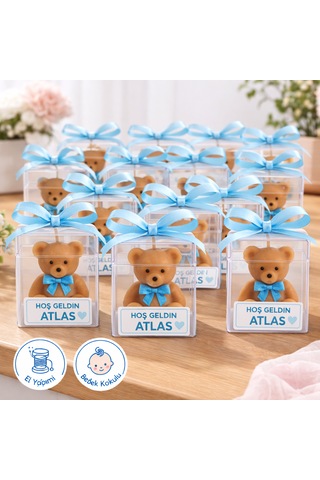Hediyelik Ayıcık Mum Erkek Bebek Mavi Kurdeleli, Bebek Kokulu, Etiketli Mevlüt & Baby Shower Hediyesi 10 Adet Kahverengi