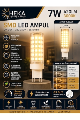 6 Adet Heka 7w Günışığı 3000k G9 Duylu Dim Edilebilir Led Kapsül Ampul