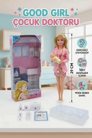 Oyuncak Doktor Seti - Minik Bebek Ve 10+ Parça Tıbbi Aksesuar Dahil - Eğitici Rol Yapma Oyuncak Pembe